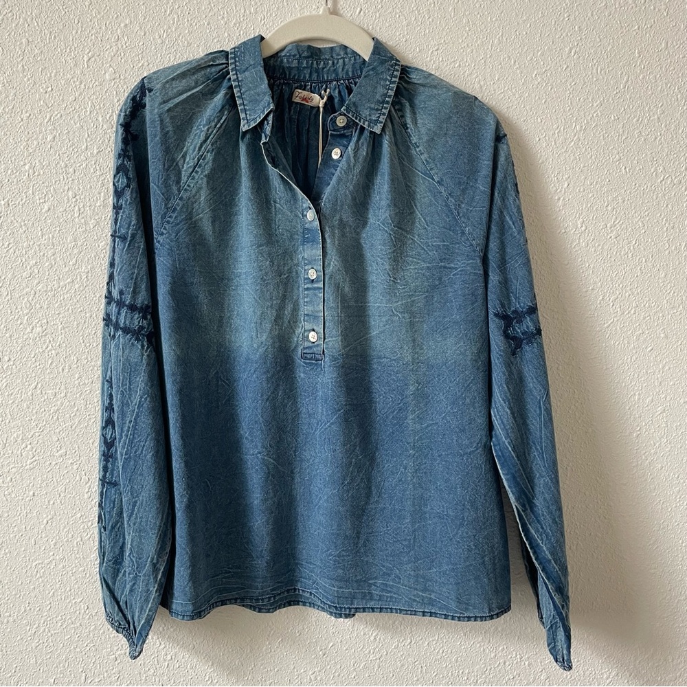 Faherty x Good Feather The Journey Top Mid Indigo Size XS Embroidered Bohemian